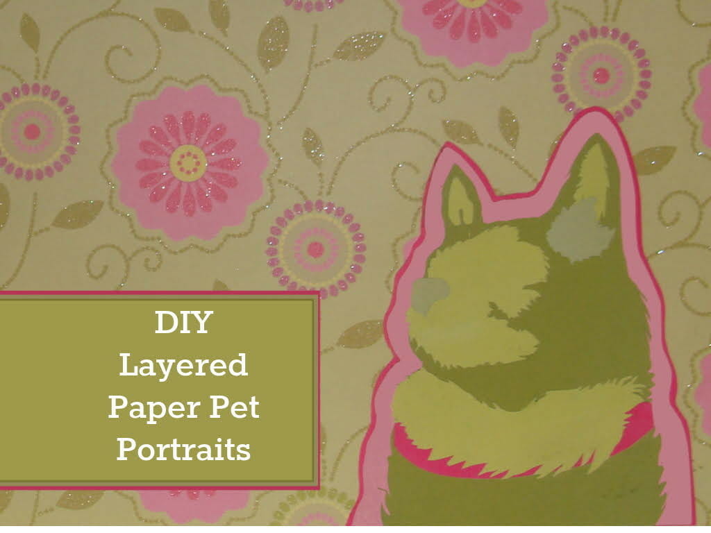 Layered paper is used as a background to create a brightly coloured green abstract DIY pet portrait. The portrait is on a cardstock background of pink and green flowers. 