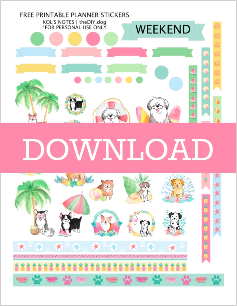 DOWNLOAD NOW: free printable watercolour dog stickers in tropical colors