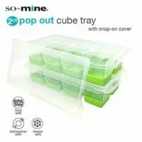So-Mine Pop Out Ice Cube Tray with Lids, Makes 16 Two Inch Jumbo Ice Cubes for Cocktails, Smoothies, Yogurt, Baby Food or Recipe Herbs, Flexible Silicone Trays, Set of Two Eight Cube Trays with Lids
