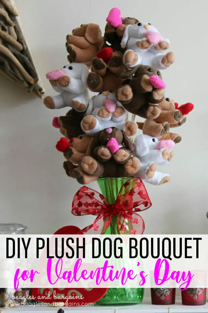 A bouquet of plush puppies holding hearts in a green vase with a red bow wrapped around it. Text says: DIY plush dog bouquet for Valentines Day