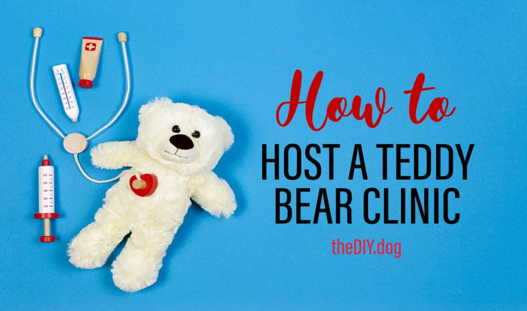 a white teddy bear is surrounded bey a toy stethoscope, thermometer and syringe. Text says: How to host a teddy bear clinic