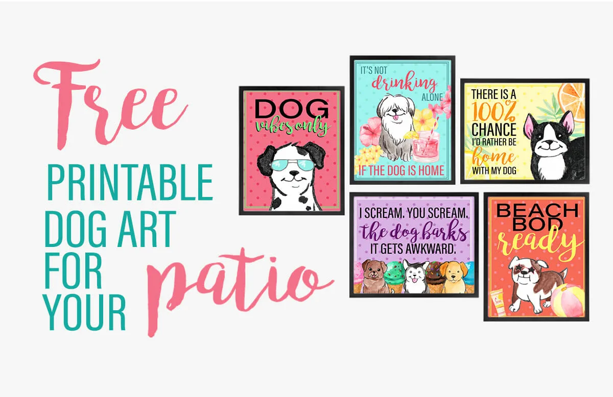 thumbnail sized previews of the free pritable summer dog art and the text: free printable dog lover art for your patio