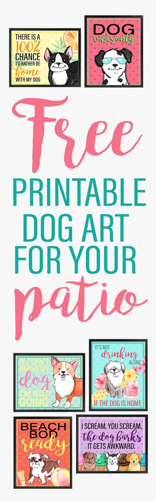 small thumbnail previews of the summer dog printable art with the text: free printable dog art for your patio