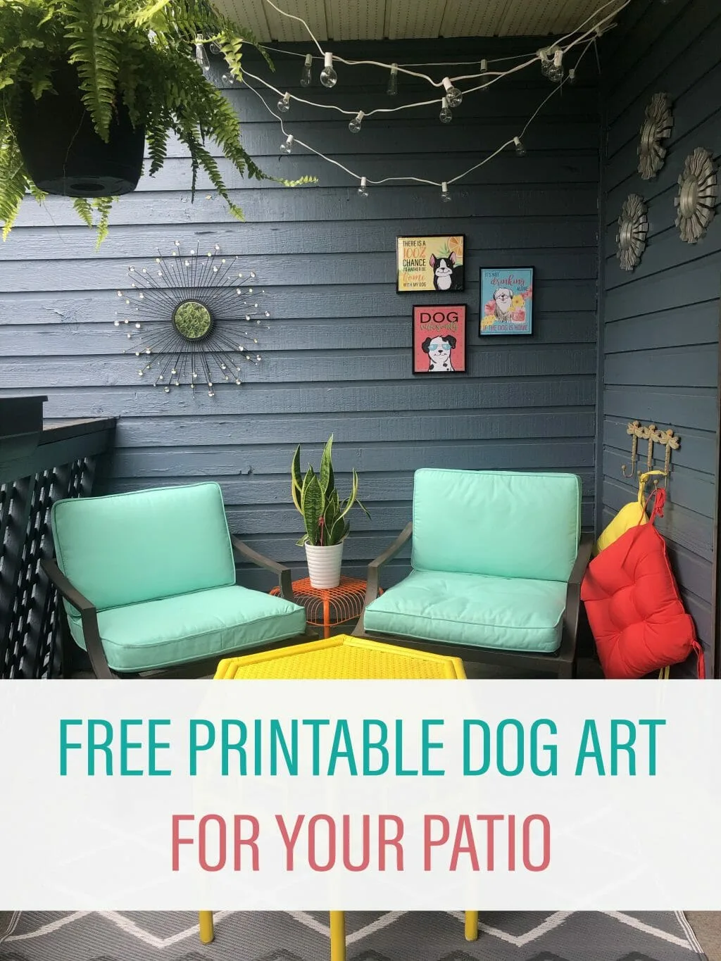 a brightly coloured patio with comfy teal chairs, a bright yellow octagon art deco table and printable dog art in black frames on the wall