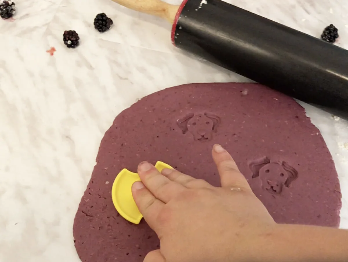 stamping blackberry dog treat dough with a cookie stamp for even baking