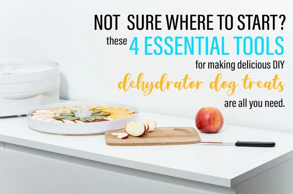 a dehydrator, cutting board, kife and an apple lay on a countertop. Textsays: Not sure where to start? These 4 essential tools for making dehydrator dog treats are all you need.