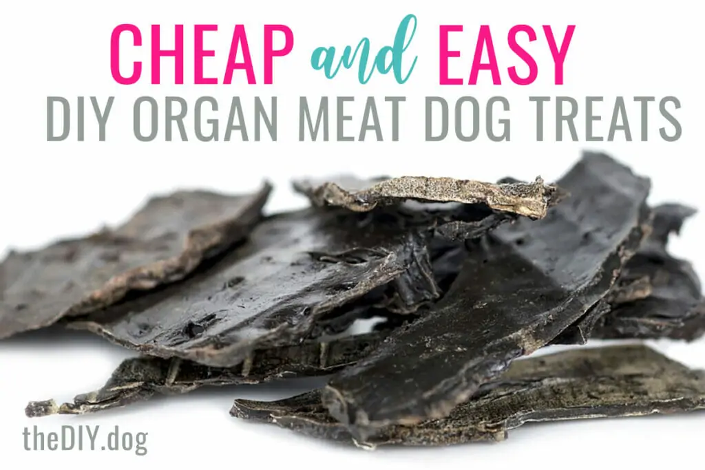 large thin pieces of dark, glossy dried liver dog treats on a white background. Text says: cheap and easy DIY organ meat dog treats
