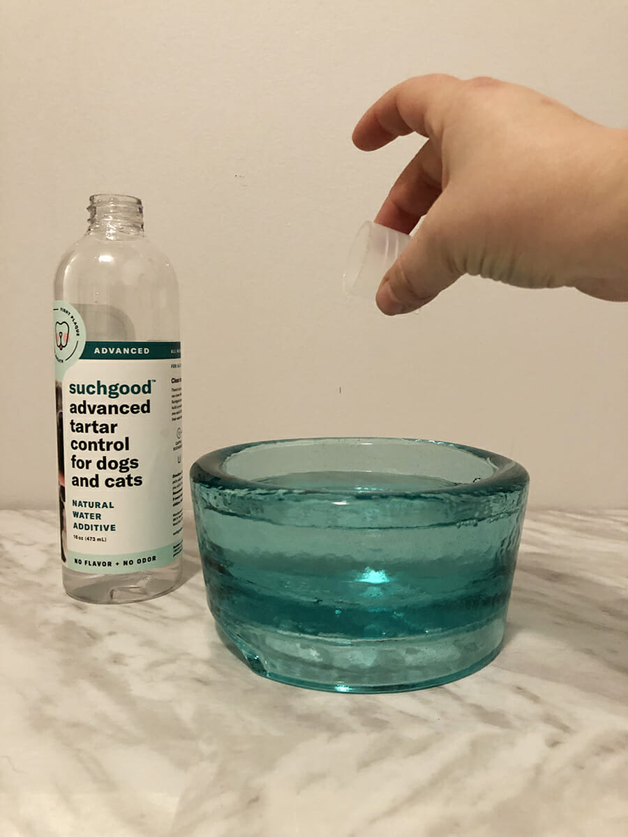 a hand pours a capful of Suchgood Advanced Water Additive for dogs into a blue glass dog bowl