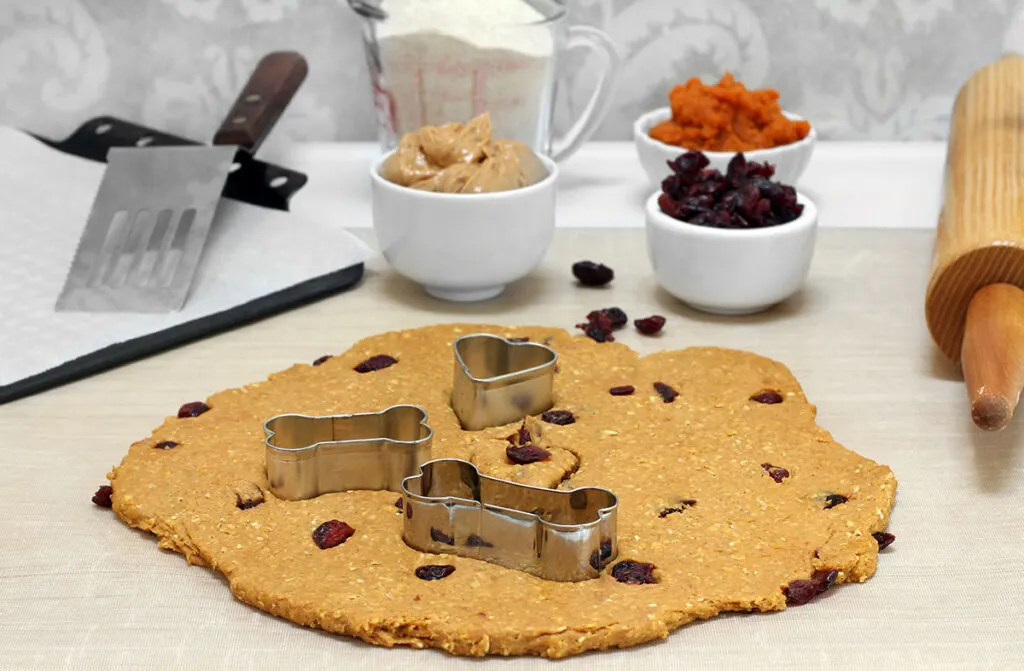 cranberry dog treat dough is rolled out on a counter with dog bone and heart cookie cutters in it. In the background: peanut butter, pumpkin and dried cranberries in small white dishes. 